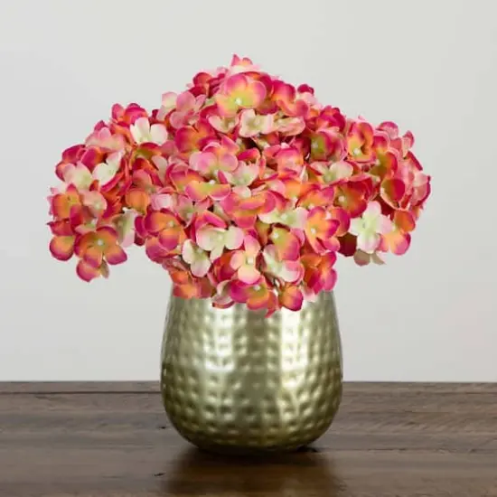 11" Pink Hydrangea Arrangement in Gold Metal Vase {5}