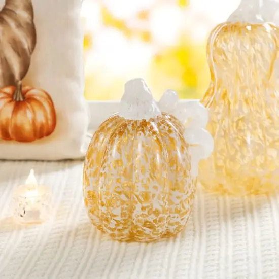 Glitzhome&reg; Amber Dots Fall Pumpkin Glass Tabletop Accent {4}
