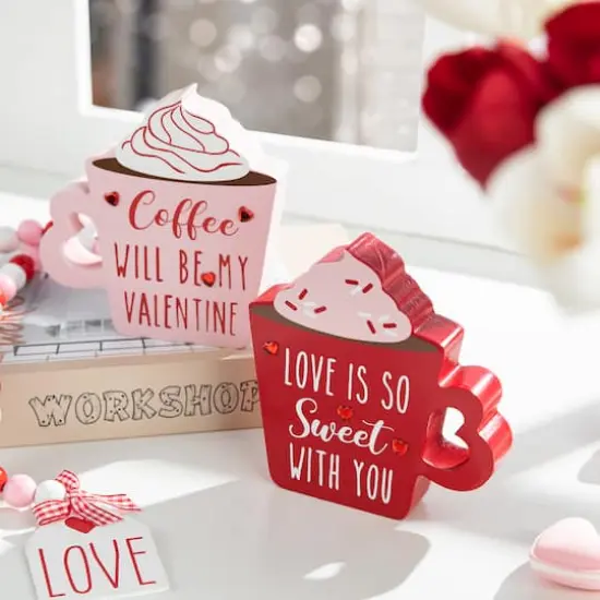 Glitzhome&reg; Wooden Valentine's Coffee Cup Table D&eacute;cor Set {3}