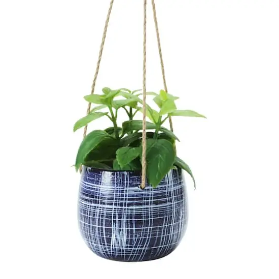 Hello Honey&reg; 5" Blue Pattern Hanging Stoneware Planter with Jute Hanger {4}