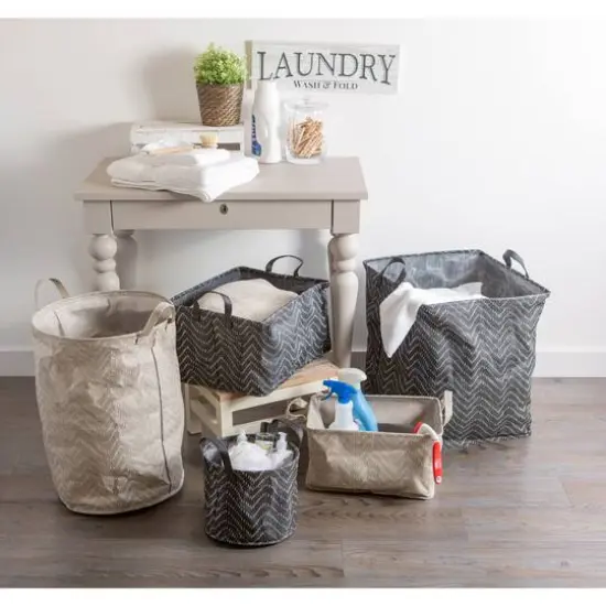 DII&reg; Medium Stone & Cream Tribal Chevron PE-Coated Woven Paper Laundry Bin, 2ct. {4}