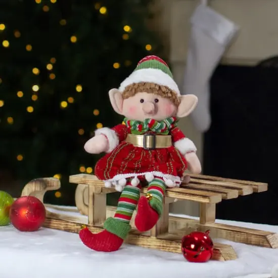 14'' Red and Green Plush Jingle Bell Girl Elf Christmas Figure {3}