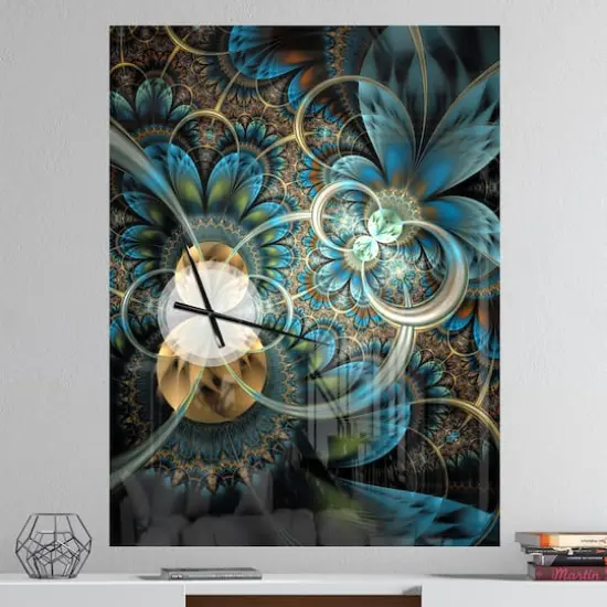 Designart Symmetrical Blue Gold Fractal Flower Rectangular Wall Clock {3}