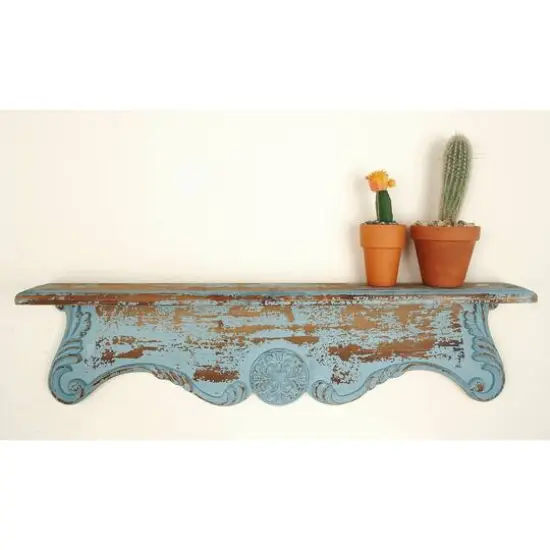 32" Blue Wood Rustic Wall Shelf {9}