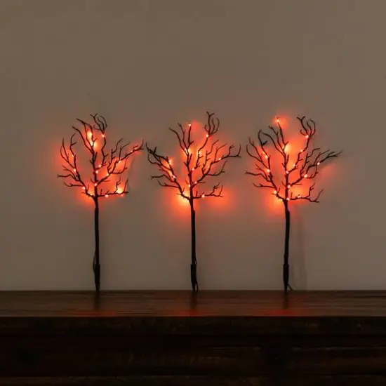 14in. Pre-Lit Artificial Halloween Black Twig Branches with 45 Orange LED Lights and Integrated Ground Stake - Set of 3 {7}