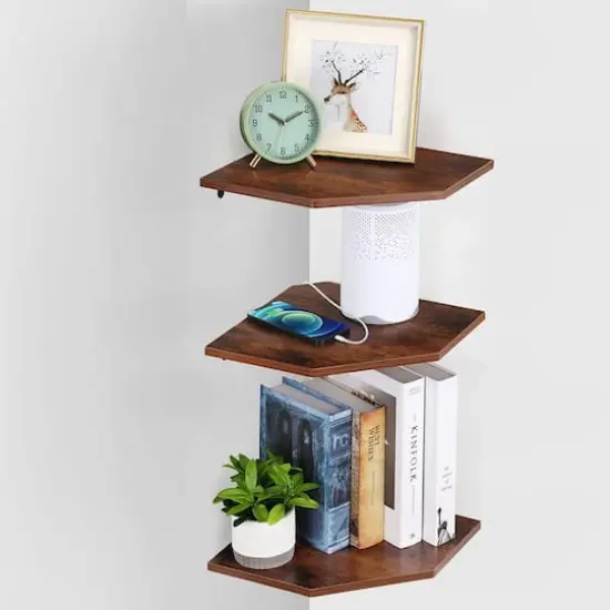 Burnt Brown Wall Mounted Wood Floating Corner Shelf Set {1}