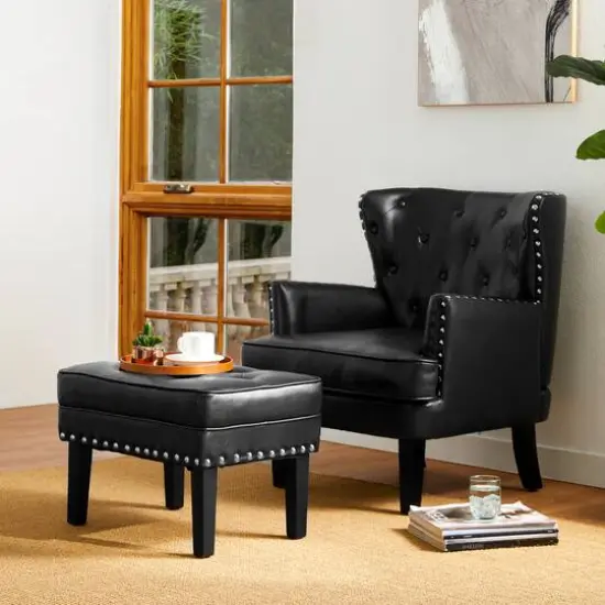Glitzhome&reg; Mid-Century Modern Leatherette Button-Tufted Accent Stool Black {9}