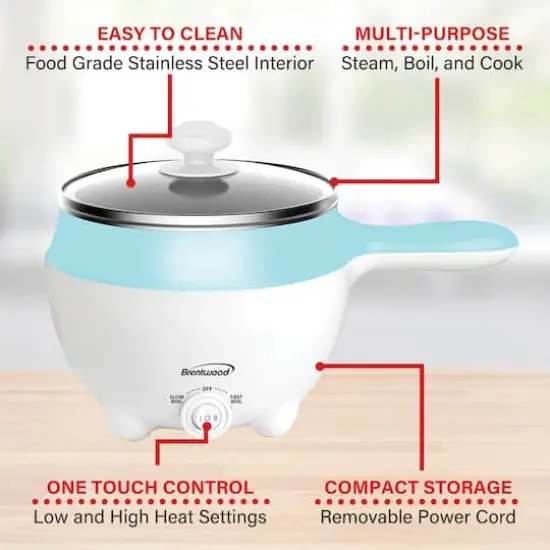 Brentwood 1.6qt. 600 Watt Stainless Steel Electric Hot Pot Cooker & Food Steamer With Swivel Base {5}