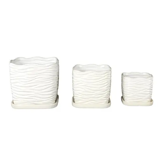 White Wavy Ribbed Ceramic Planter Set {7}