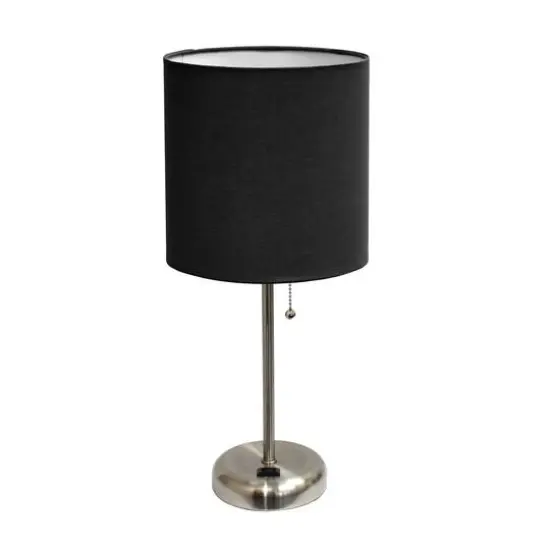 LimeLights 19.5" Stick Lamp with Charging Outlet and Fabric Shade Brushed Steel and Black {1}