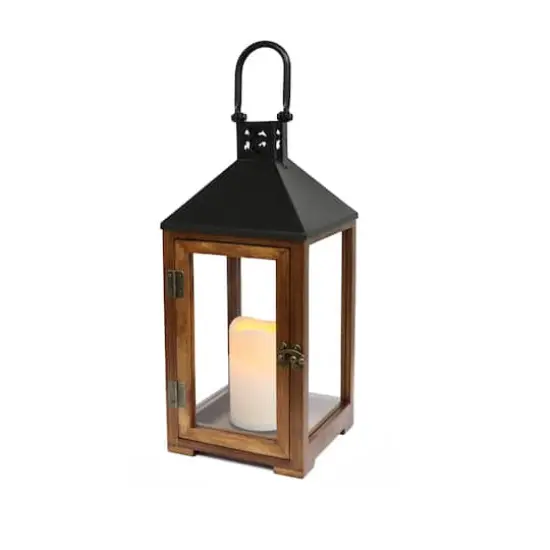 14.5" Wood & Metal Lantern with LED Candle {1}