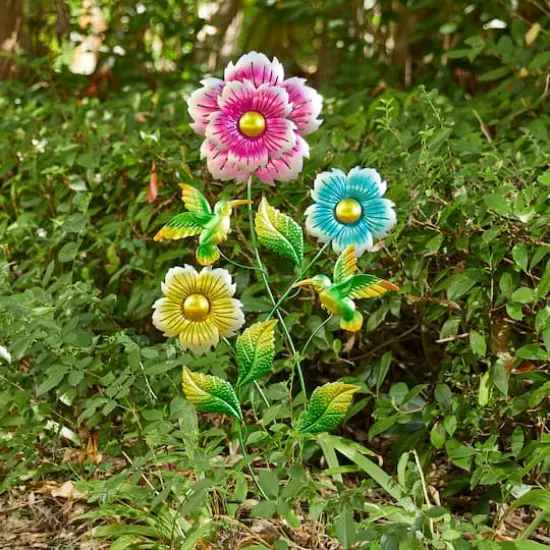 Glitzhome&reg; 34" Flowers & Hummingbirds Garden Stake {6}
