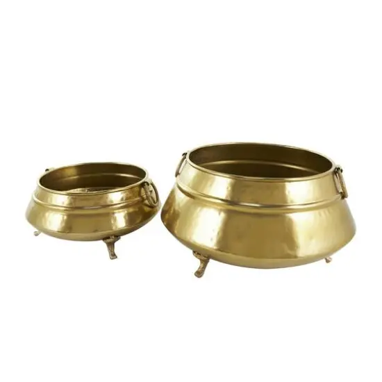 Gold Metal Scroll Foot Hammered Pot Planter Set {1}
