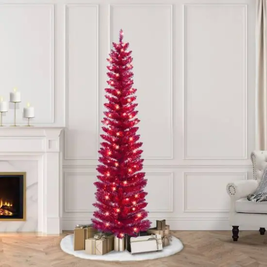6ft. Pre-Lit Red Tinsel Artificial Tree, Clear Lights {3}
