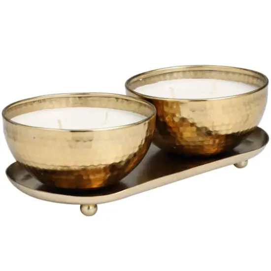 White Wax Egyptian Mint Scented Candle Set with Gold Hammered Containers and Oval Holding Tray {4}