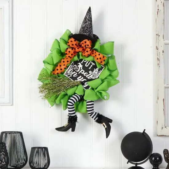 26" Halloween Witch Broom & Hat Mesh Wreath {4}