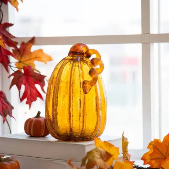 Glitzhome&reg; Tall Crackle Glass Pumpkin, Amber {8}