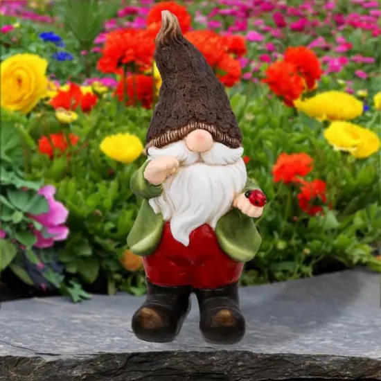 15.75" Green & Red Gnome with Ladybug Outdoor Garden Statue {4}