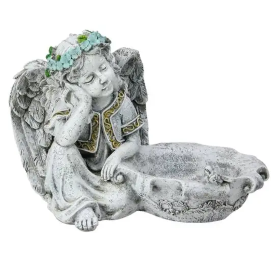 10" Gray Resting Angel Bird Feeder Garden Statue {1}