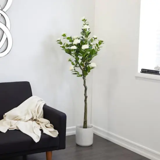 4.5ft. Green Faux Camellia Foliage Artificial Tree with Black Plastic Pot {8}