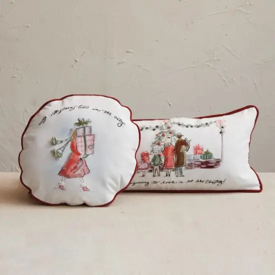 Hello Honey® 16" Round Printed Cotton Pillow with Holiday Girl, Piping & Velvet Back {3}