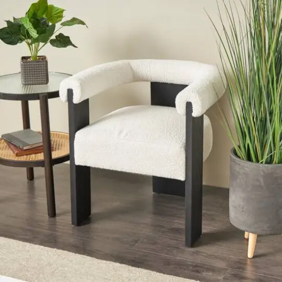 White Curved Back Mid-Century Modern Round Accent Chair with Black Wood Frame {8}