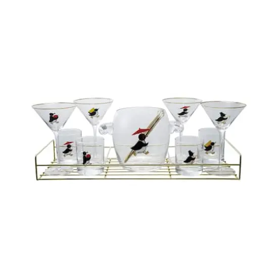 Hello Honey 11-Piece Vintage Reproduction Glass Barware Set with Penguin Decal, Gold Finish {1}