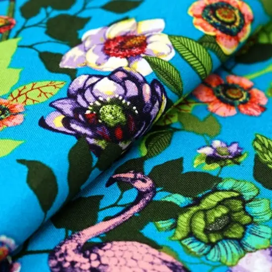 SINGER Teal Flamingo Flowers Cotton Fabric {3}