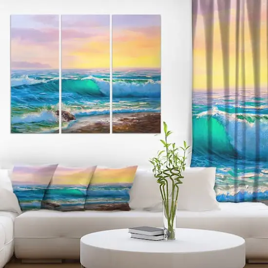 Designart - Sunsets over ocean waves - Sea & Shore Painting Print on Wrapped Canvas set {3}