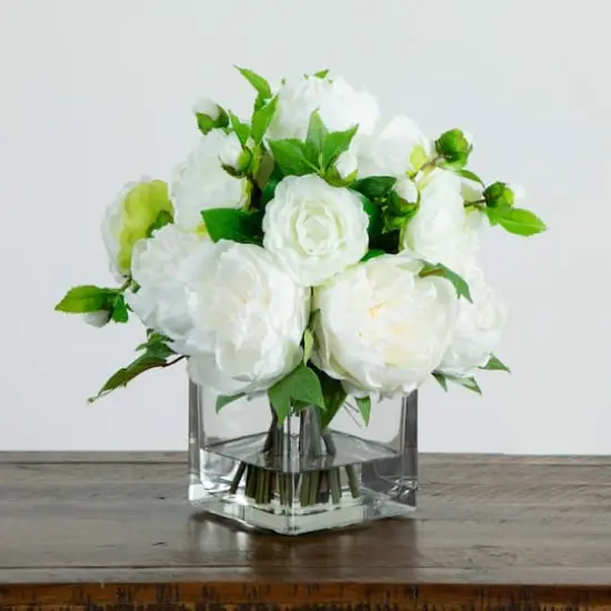 Wedding Collection 13in. Peony and Camellia Artificial Arrangement in Glass Vase {4}