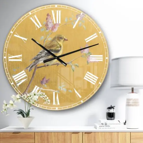 Designart 'Gold Bird On Blossoms Iii Farmhouse Wall Clock {3}