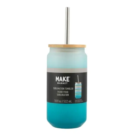 18oz. Frosted Glass Sublimation Tumbler with Bamboo Lid & Straw by Make Market&reg; Teal {4}