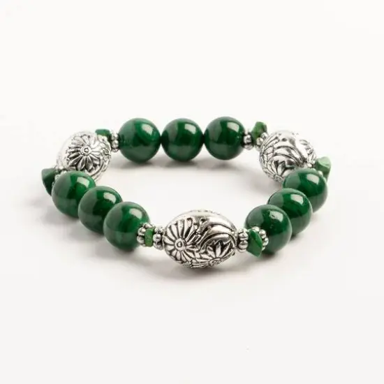 John Bead Malachite Natural Stone Stretch Bracelet with Flower Beads {4}