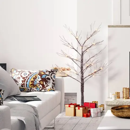 4ft. Pre-Lit Flocked Brown Artificial Twig Tree, White Lights {4}