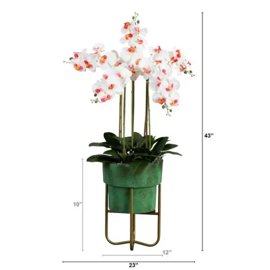 3.5ft. White Orchid Arrangement in Patina Metal Planter with Stand {6}