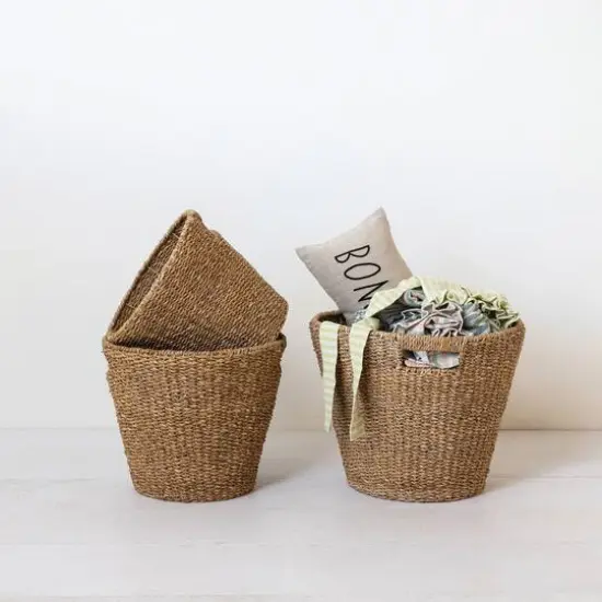 Hello Honey&reg; Natural Round Decorative Handwoven Seagrass Cone Basket Set with Handles {4}