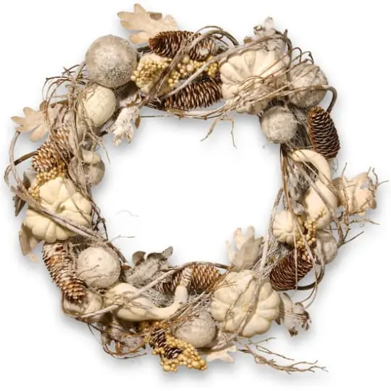 20'' White Pumpkin and Pinecone Wreath {1}