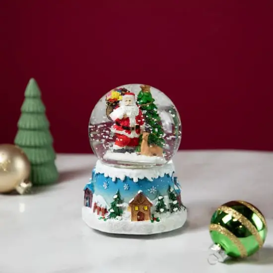 5.5" Santa Claus with Christmas Tree & Reindeer Swirling Snow Globe {4}