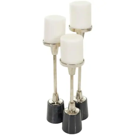 Silver Metal Slim Candle Holder with Black Marble Base Set {3}
