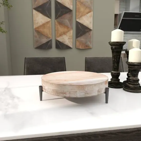 13" Cream Mango Wood Tray with Black Metal Leg {9}