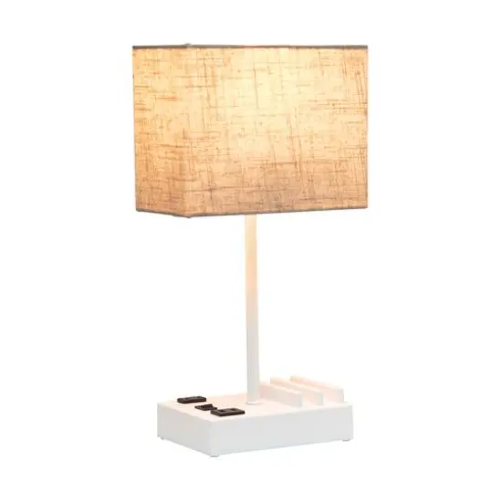 Simple Designs 15.3" Table Lamp with 2 USB Ports & Charging Outlet White Base/Beige Shade {5}