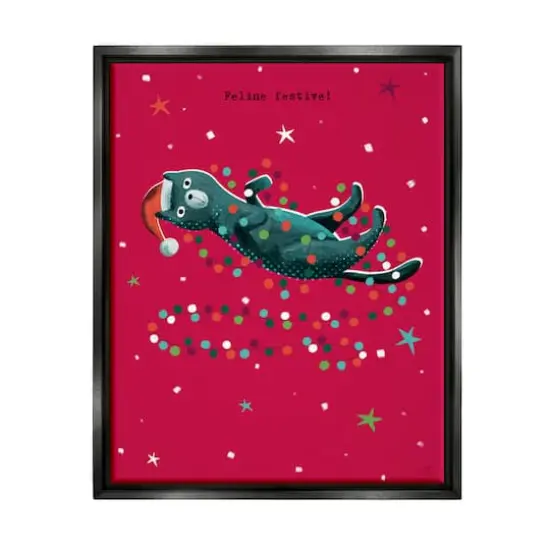 Stupell Industries Feline Festive Christmas Cat Black Framed Floater Canvas Wall Art {1}