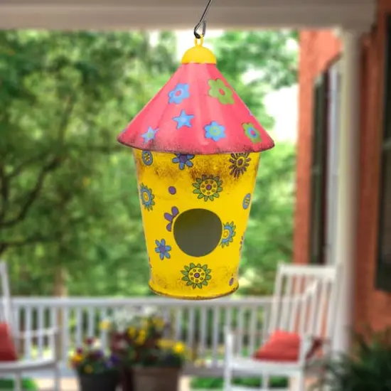 7.75" Red & Yellow Metal Birdhouse With Flowers {3}