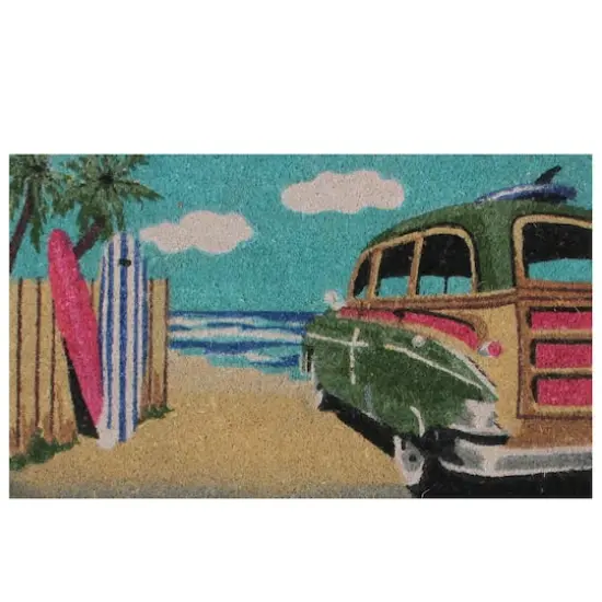 Retro Car on Beach Coir Doormat {1}