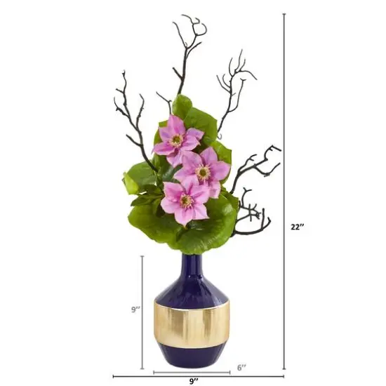 22" Anemone & Lotus Leaf Arrangement In Vase Pink {4}