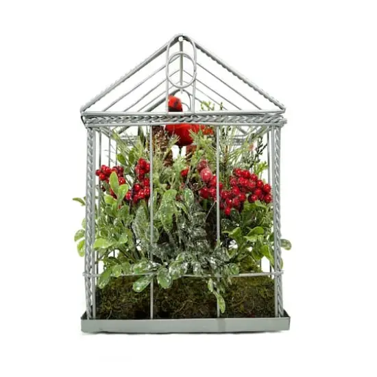 9" Red & Green Cardinal Boxwood Artificial Christmas Greenhouse Arrangement {3}