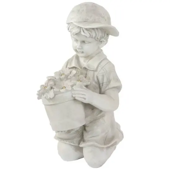 15" Solar LED-Lit Boy with Flowers Outdoor Garden Statue {1}