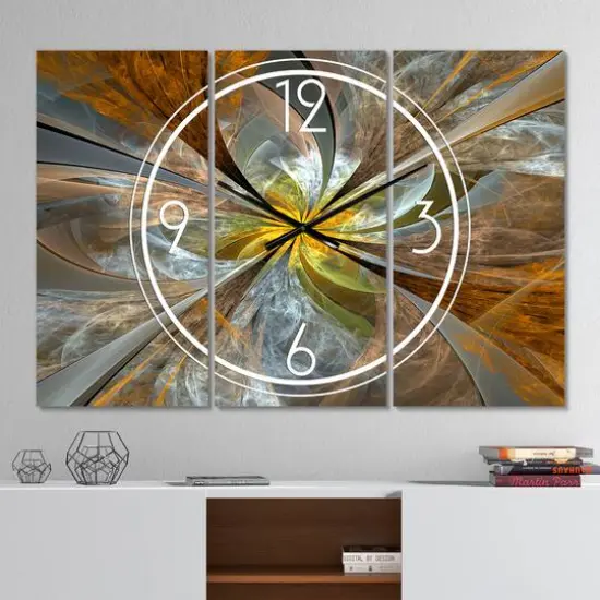 Designart Symmetrical Yellow Fractal Flower Multipanel Wall Clock {3}
