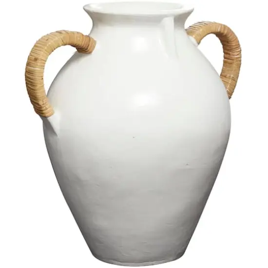 19" White Ceramic Jug Inspired Vase with Rattan Wrapped Handles {3}