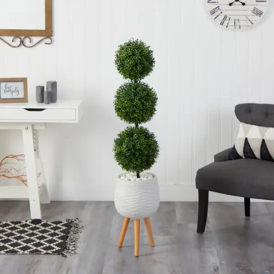4.5ft. Boxwood Triple Ball Topiary Artificial Tree in White Planter with Stand (Indoor/Outdoor) {4}